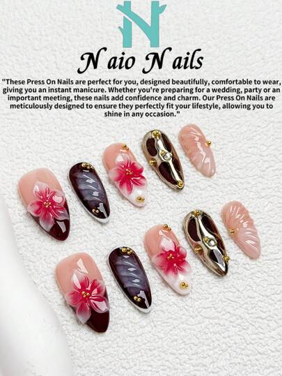 NAIO 10pcs/Set Spring And Summer Handmade Press On Nails Short Almond Nail Tips, Y2K Baddie Style, White, Burgundy, And French Gel Nails With A 3D Embossed Floral Design And Adorned With Gold Beads. Suitable For Women And Girls, Party, Daily Wear, Comes With Tool Kit, Great Gift For Ladies Nails Nail Supplies Handmade Press On Nails