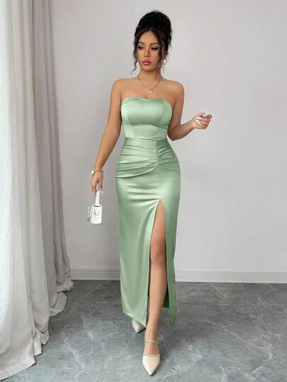 abyoxi Vestido de cóctel elegante de mujer de satén verde salvia sin tirantes, con cintura fruncida y abertura alta, para fiestas de verano