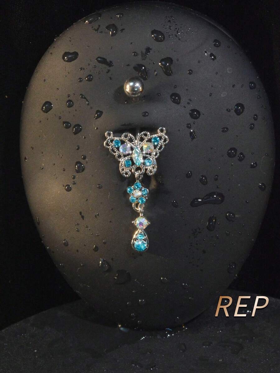 镀金弯杆肚脐环，医用级不锈钢镶嵌闪亮锆石，蝴蝶造型，适合女性日常佩戴、节日礼物、约会和派对。 - 彩色 - 查看 1