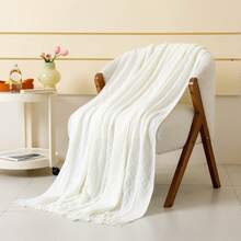 1 Pieza De Manta De Cama Con Patrón De Onda, Estilo Nórdico De Acrílico Con Flecos Y Color Sólido Rectangular, Cubrecama Decorativo De Punto Para Sofá Y Siesta - Rombo vertical blanco - Ver 6