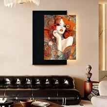 Con marco 1 pieza de Arte en Lienzo con Marco Estilo Gustav Klimt - Mujer de Cabello Rojo Vibrante con Patrones Intrincados,Lienzo Artesanal y Marco de Madera Maciza, Decoración de Pared Lista para Colgar para Sala de Estar, Dormitorio, Oficina, Obra Inspirada por Klimt  Listo para Colgar, Plano 2D, Perfecto para la Decoración del Cuarto - Enmarcado - Ver 1