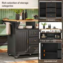 Extendable Double-Side Kitchen Trolley With Casters 120x40(80)X95cm - Kitchen Island Cabinet Sideboard With Towel Rail, Spice Rack, 2 Doors & 3 Drawers (Black/White) - Black - View 7