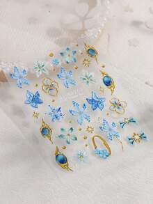 蓝绿色芙蓉百合花美甲贴纸，3D立体浮雕夏威夷热带花卉渐变美甲贴花，夏季DIY巴洛克美甲沙龙设计配件 - 彩色 - 查看 5