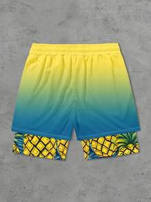 Men's Pineapple Print Double-Layer Beach Shorts, Vacation Style - Multicolor - View 4