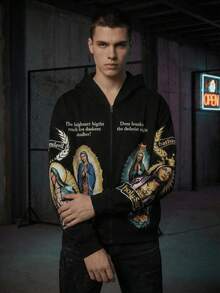 Mens Fashion Versatile Zip Up Hoodie With Virgin Mary Graphic And Letter Print Design Stylish Outerwear Perfect Gift Choice For Loved Ones Family And Friends, Back To School Outfits,Graduation,Teacher Outfits For Women,Back To School - 黑色 - 查看 2