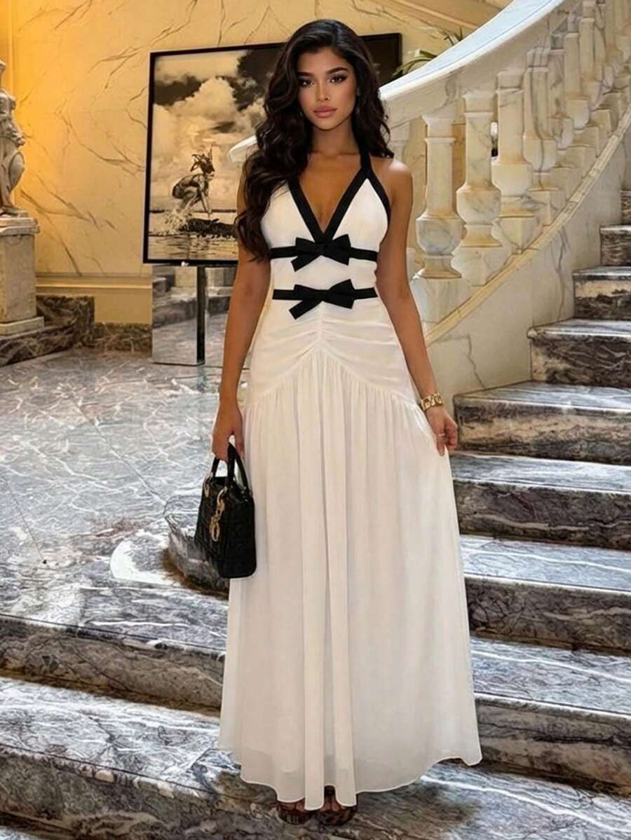 Women's Elegant White Halter Maxi Dress, Chic Contrast Black Bow Detail Evening Gown, Sophisticated 2026 Spring Occasion Wear - Black and White - View 1