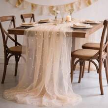 1 Stück Champagner Perle Tüll Tischläufer, weiches Polyester mit hübschen Perlen eingebettet, dekorativer Tischläufer und Stuhlrückenbezug, geeignet für Tischdekoration, Heimdekoration, Geschenkband, Dessertbuffet, Hochzeit - Champagnerfarben - Übersicht 8