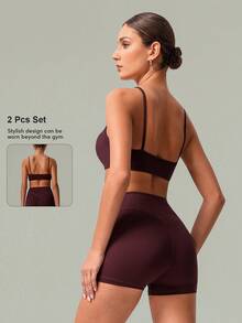 2 PCS CO Ord Set Women's Classic Spaghetti Strap Backless Sports Bra And High Waist Deep V Butt Lift Line Running Fitness Cycling Short Summer - 酒紅色 - 查看 2