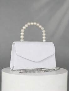 Women's Luxury Plush Evening Clutch Bag With Faux Pearl Handle, Tready Bride Bag, Perfect For Party, Wedding, Prom, Dinner/Banquet, Tready Party Bag & Bride Bag, Perfect For Party, Wedding, Prom, Dinner/Banquet, Matching With Wedding Dress, Formal Dresses, Prom Dress, Birthday Dress, Women Dress Party, Elegant Pearl Clutch, Prom Bag - 白色 - 查看 2