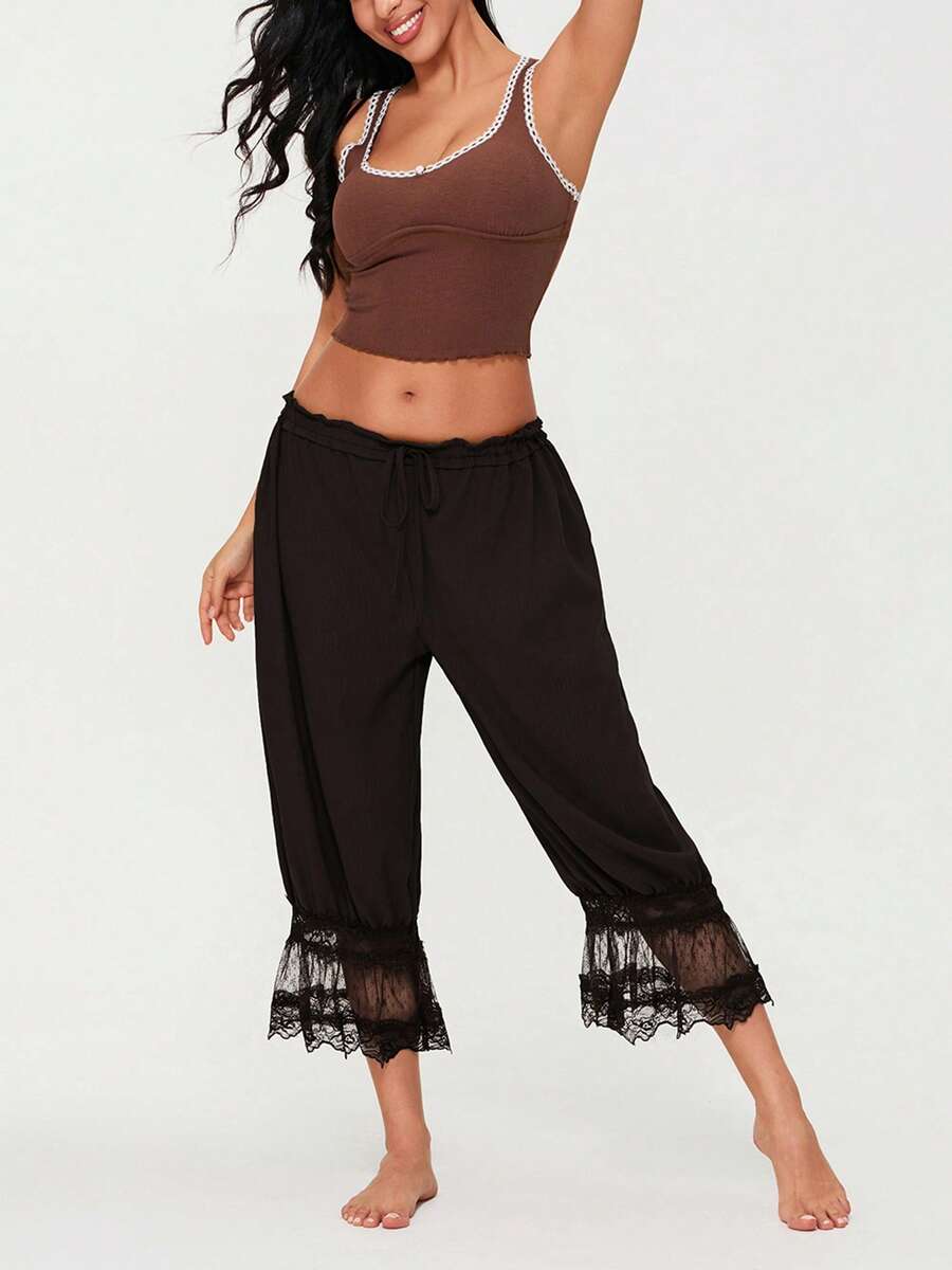 Womens Cropped Pants Loose Mid Rise Patchwork Lace Lantern Trousers Casual Streetwear