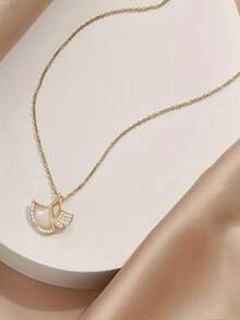 1pc Gold Stainless Steel Chain Plated Gold Cubic Zirconia Cat Eye Stone Ginkgo Leaf Pendant Necklace, Luxury Retro Fashion Minimalist Versatile Necklace For Women, Couples, Casual, Commute, Holiday, Party Wear - Gold - View 4