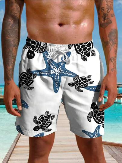 Men's Casual Breathable Beach Shorts, Turtle & Starfish Print With Drawstring