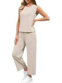 Women's Casual Two Piece Set Travel Vacation Outfit With Wide Leg Crop Pants Set - Beige - View 3