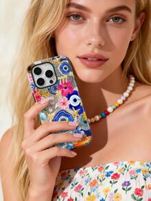 1pc Tropical Floral & Evil Eye Glitter Pattern Glossy 2-In-1 Phile Shell Full Coverage Hard Phone Case Compatible With Samsung/ 11/12/13/14/15/16/17 Pro Max - Multicolor - View 2
