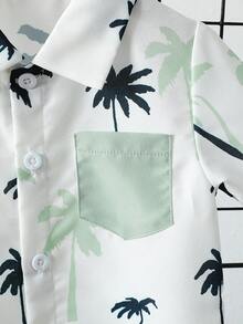 男婴可爱翻领衬衫，带口袋，椰树印花纽扣衬衫上衣搭配纯色短裤，两件套休闲沙滩风套装，适合春夏日常穿着、旅行和户外玩耍 - 薄荷綠 - 查看 5