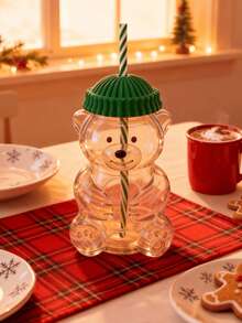 1个580毫升迷你小熊造型玻璃杯，带绿色杯盖和吸管，透明可爱小熊造型饮水杯，适合居家办公使用，可作阅读杯，趣味饮水器皿，耐用玻璃容器 - 無色 - 查看 5