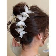 Women's Elegant Hair Claw Clip, Large Butterfly Hair Accessory With Shiny Mesh And Faux Pearl, Luxury Feel Hair Clip For Wedding, Bridal, Evening, Vacation & Formal Outfits - trắng - Xem 8