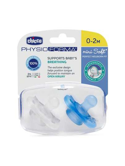 Chicco Chupete Silicona Physio Minisoft Ortod Azul 0-2 Meses, Pack 2 Unidades - Ideal para el desarrollo oral saludable del bebé; diseño ergonómico que se adapta a la boca del recién nacido, proporcionando comodidad máxima; silicona suave y segura para la piel; recomendado por expertos para una succión natural.