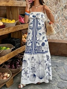 女士无袖A字海星印花连衣裙，适合海滩度假和日常休闲穿着，春夏款 - 藍白色 - 查看 5