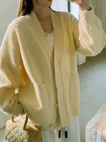 1pc Butter Yellow Elegant Faux Fur Collar Cardigan Sweater With Pockets, Suitable For Dating, Casual Outdoor Activities And Traveling In Autumn/Winter - Yellow - View 5