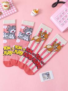 Noctvar OBM Sleepwear X TOM & JERRY 2双猫鼠图案女士短袜，可爱卡通爱心设计短袜，时尚猫鼠图案女士袜，傲娇兔子图案透气休闲男女通用袜，适合学生/成人作为礼物或日常穿着，情侣款 - 彩色 - 查看 2