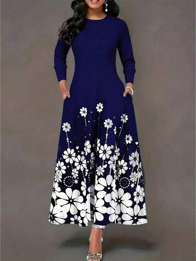 Plus Size New Arrival European And American Fashion Long Sleeve Printed Formal Dress For Women, Spring/Summer Elegant