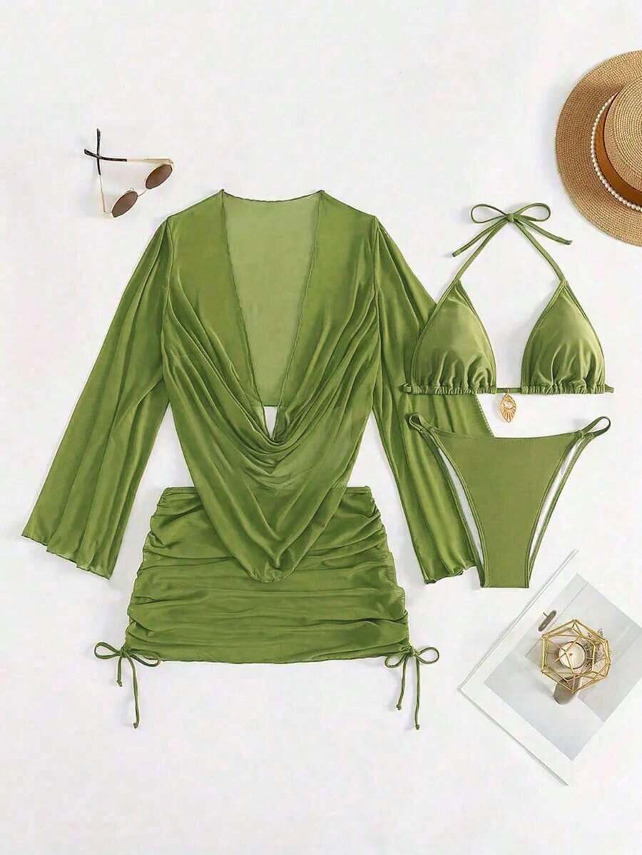 4pcs Sexy Solid Color Bikini Set With Sheer Cover-Up, Suitable For Vacation, Beach Party, Also Ideal For New Year And Valentine's Day, Exuding Elegance And Avant-Garde, Perfect Choice For Casual Women In Spring/Summer - 卡其色 - 查看 1