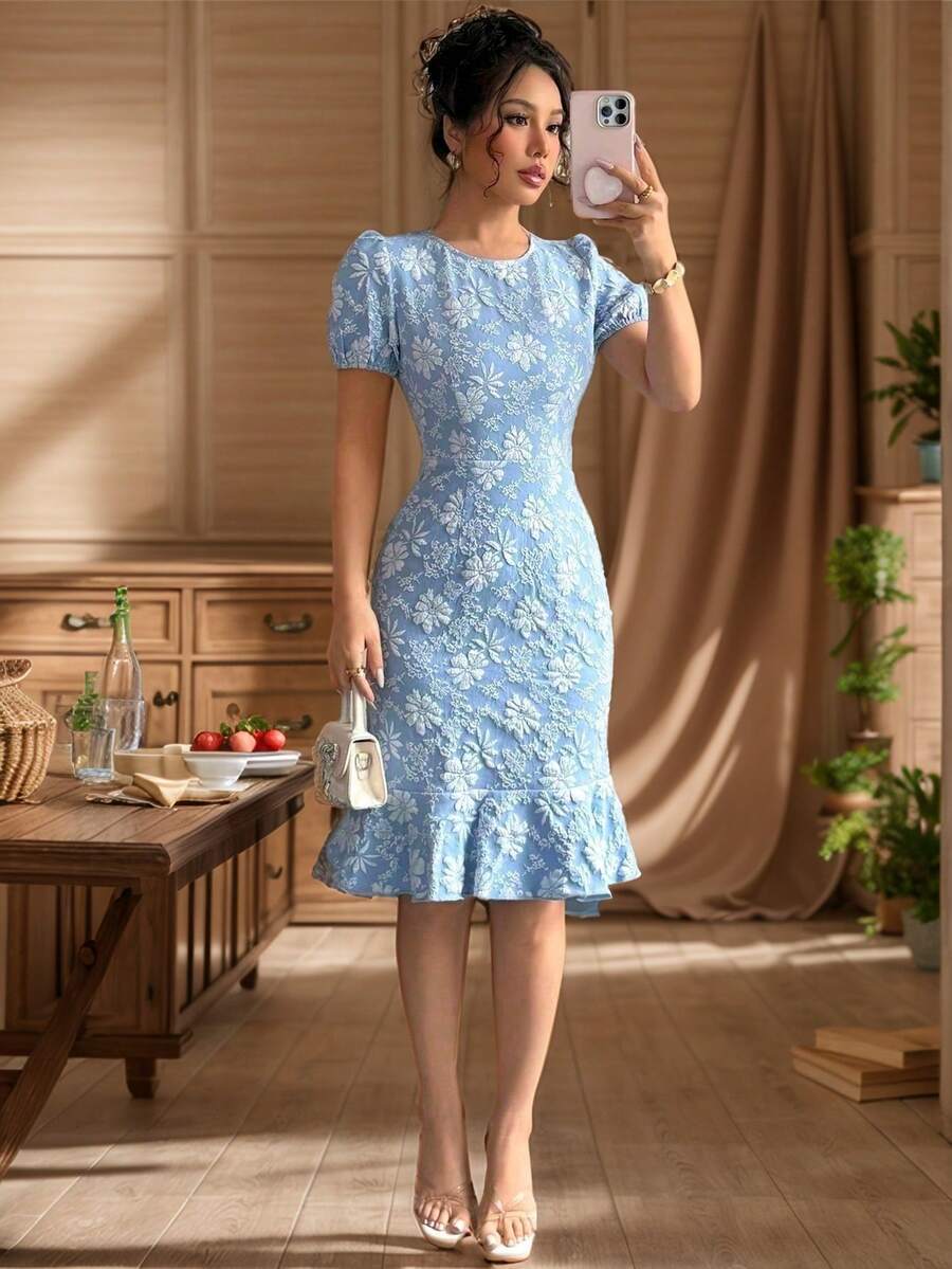 2025 Spring Summer Women's Summer Elegant Jacquard Texture Solid Color Round Neck Ruffled Skirt Puffy Sleeve Mid-Length Dress - Màu xanh nhạt - Xem 1