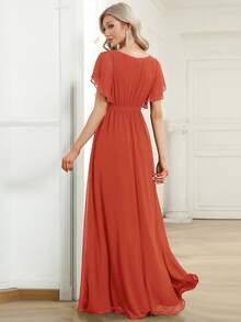 EVERPRETTY Elegant V-Neck Ruffle Flare Sleeve Chiffon Light Blue Bridesmaid Dress, Long Semi-Formal Evening Gown For Wedding Guest - Burnt Orange - View 3