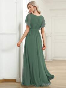 EVERPRETTY Đầm phù dâu bằng chiffon màu xanh lá cây, cổ chữ V, tay bồng, thanh lịch, thích hợp cho đám cưới mùa hè, dự tiệc, đi nghỉ mát, dành cho nữ. - Màu xanh Ô liu - Xem 2