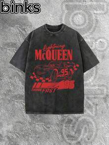 Disney Binks (Double-Sided Printing): Cars: Lightning McQueen Elements Cartoon Print Retro Distressed Washed Short Sleeved T-Shirt, High Street  Brand Loose Short Sleeved T-Shirt. Spring And Summer Fashionable Versatile Top, Holiday Gift, Vintage Print. - màu đen - Xem 2