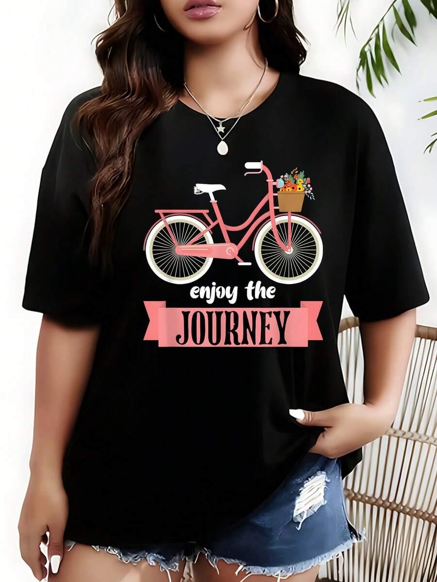 Enjoy The Journey Bicycle Riding Cyclist 1 Pcs Women's Plus Size T-Shirt Funny Oversized Graphic Short Sleeve Tee Novelty 100% Polyester Shirt Casual Crew Neck Top 220g - 黑色 - 查看 1