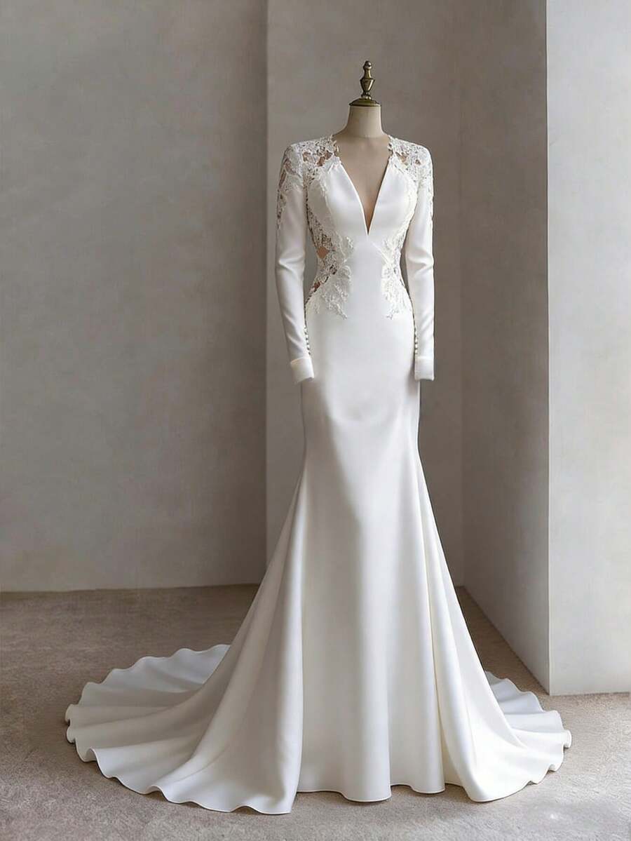 Sophisticated Deep V-Neck Mermaid Wedding Dress With Long Sleeves And Lace Trim In Satin – Elegant Floor-Length Bridal Gown Featuring A Daring Neckline Design, Full-Length Fitted Sleeves, Intricate Lace Insets, And Figure-Hugging Mermaid Silhouette In Lustrous Satin, Perfect For Weddings, Christmas Galas, Halloween Balls, Formal Dances, Birthday Celebrations, And Special Evening Events. A Versatile Choice For Wedding Receptions, Holiday Parties, Anniversary Dinners, Luxury Getaways, Black-Tie Occasions, Cocktail Gatherings, Bridal Showers, Wedding Guest Attire, Graduation Formals, Homecoming Events, And As A Dramatic Bridesmaid Or Statement Evening Gown. - 白色 - 查看 1