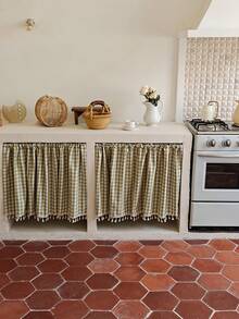 1件装水牛格纹厨房短窗帘/咖啡帘（不含窗帘杆），北欧风格雏菊图案半遮光米色流苏窗帘，杆袋式经典咖啡厅乡村农舍厨房半窗帘，适用于家庭和商业用途，可用于厨房和窗户装饰、复古窗户搭配以及圣诞节窗户装饰 - 綠色 - 查看 7