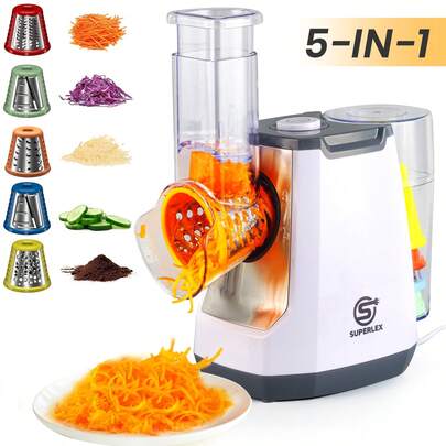 SUPERLEX 5-In-1 Electric Salad Maker, Integrating Salad Grater, Cheese Rotating Grater, Vegetable Slicer, Vegetable Chopper, Carrot Grater, Nut Grinder, And Cabbage Shredder. Equipped With 5 Replaceable Roller Stainless Steel Blades And A Strong Suction Cup Base. An Easy-To-Clean Kitchen Gadget With A Storage Box, Suitable For Kitchens And Apartments. Applicable To Fruits, Vegetables, Cheese, Biscuits And Other Ingredients.
