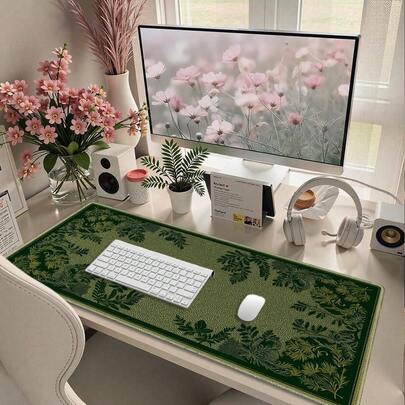 1 件复古绿色花卉图案大号鼠标垫，防滑橡胶底座，质朴植物蕨叶设计，大号键盘垫，适用于办公室、家用电脑、笔记本电脑桌面装饰，暗黑学院风桌面配件，女士礼物