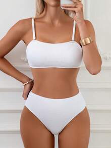 2pcs Women Graduation/Independence Day Ribbed White Fashionable Bikini Set - White - View 2