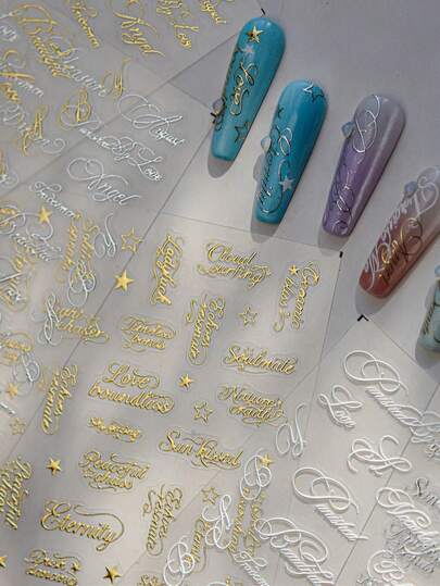 1pc English Letter Antique Bronze Nail Stickers Luxurious 3D Gold Letter Self-Adhesive Slider DIY Nail Decoration Stickers