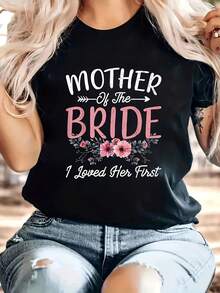 Moda para Mujeres Camiseta de algodón negro con letras y patrón floral - Negro - Ver 1