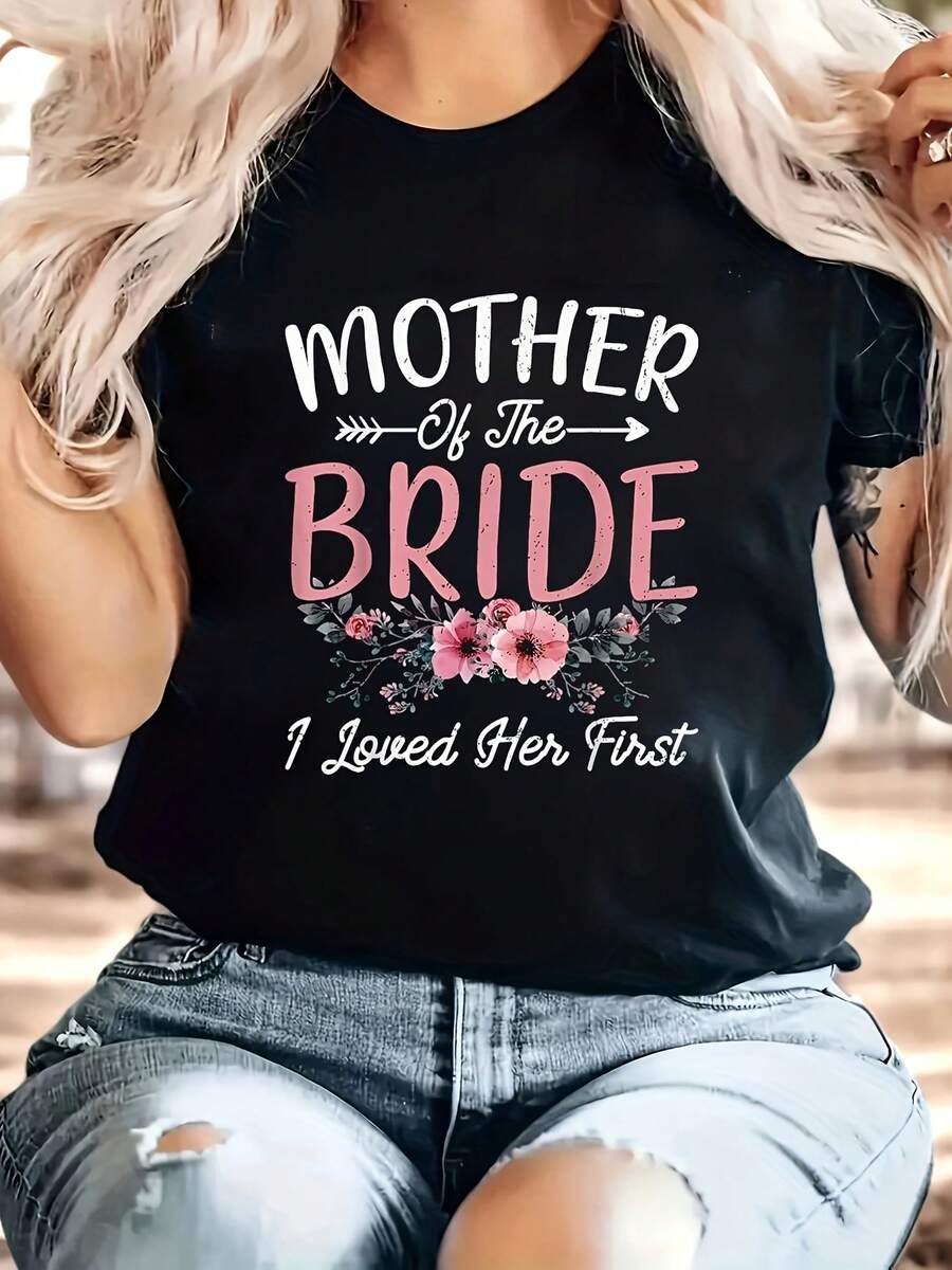 Moda para Mujeres Camiseta de algodón negro con letras y patrón floral - Negro - Ver 1