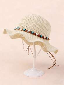 1pc Baby/Toddler/Little Girls' Breathable Knitted Wide Brim Sun Hat, Suitable For Spring, Summer, Autumn, Beach, Windproof - 1PC - View 7