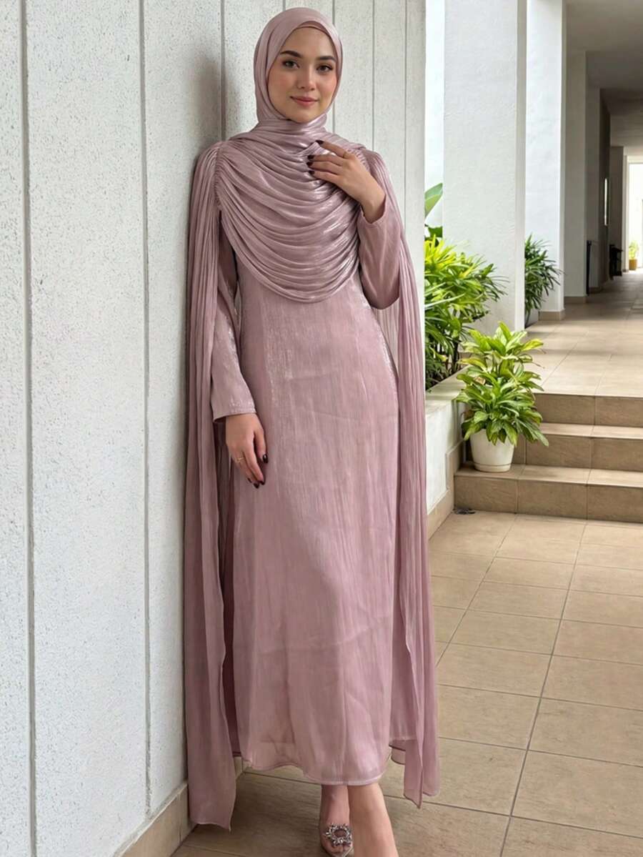 1pc (Excluding Headscarf) Elegant Pleated Abaya Robe, Luxurious & Fashionable Fall - Lilac Purple - View 1