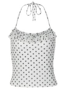 Women Polka Dot Ruffles Halter Backless Top - White - View 1
