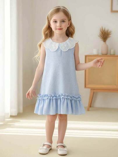 Girls' Spring/Summer Delicate Embroidered Collar With Cloudy Floral Pattern, Ruched Hem, Lively And Cute, Suitable For Girls' Daily Outings, Family Gatherings And Other Occasions