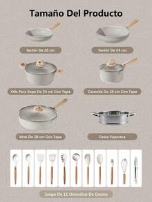 Juego de utensilios de cocina antiadherentes de cerámica, olla cacerola y sartén, ollas de cocina con mangos resistentes al calor, revestimiento de granito blanco, libre de PFOS/PFAS, regalo para mujeres, regalo de Navidad - Gris - Ver 12
