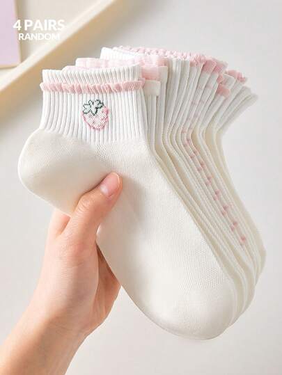 4 Pairs Women Cute Sweet Breathable Strawberry, Rabbit, Bow Pattern Ankle Socks, Invisible Socks, White Socks, Pink Socks, Suitable For Casual Daily Wear, Random Colors, Suitable For Spring, Summer, Autumn, Winter