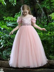 少女粉色亮片网纱袖优雅公主裙，适合女孩生日派对、舞会、婚礼、花童、毕业典礼等场合。 - 粉色 - 查看 6