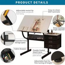 Adjustable Pegboard Drawing Desk With Stool & Storage, 0-75° Tilting Art Craft Table For Home Office, Study, Writing - Black+White - Đen + Trắng - Xem 3
