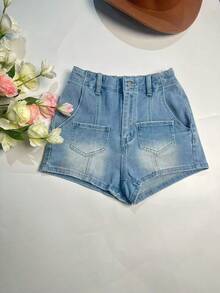 Pantalones cortos vaqueros rectos y casuales para mujer con bolsillos y cremallera, de elasticidad media - Lavado ligero - Ver 6