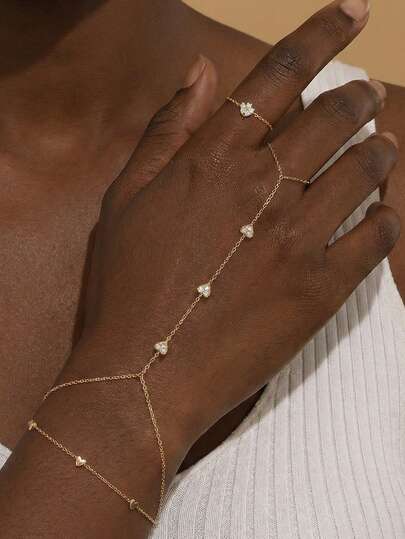 1件925纯银可爱心形立方氧化锆连接手指手链，低过敏性纯银材质，适合女性日常佩戴、约会、度假、婚礼、派对、节日礼物